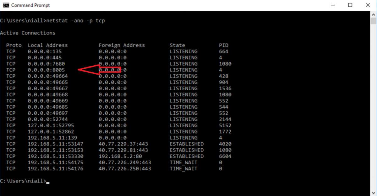 Command port. Listening порт. Netstat ARP вкладка фото.