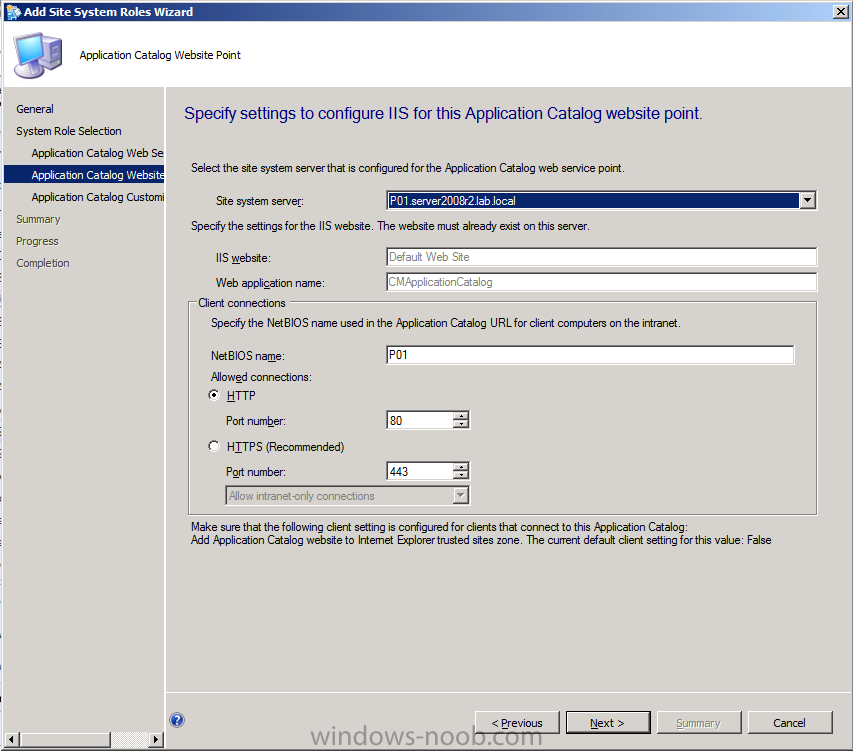 specify settings to configure IIS for this application catalog website point.png