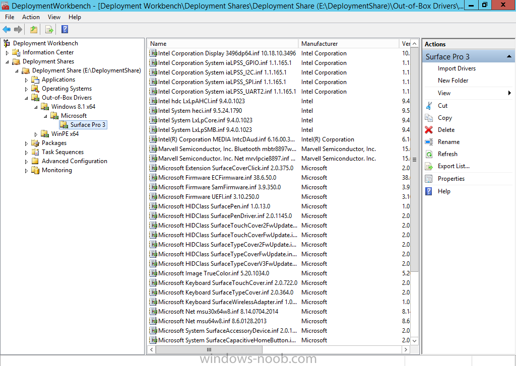 Surface Pro 3 drivers in the Deployment Workbench.png