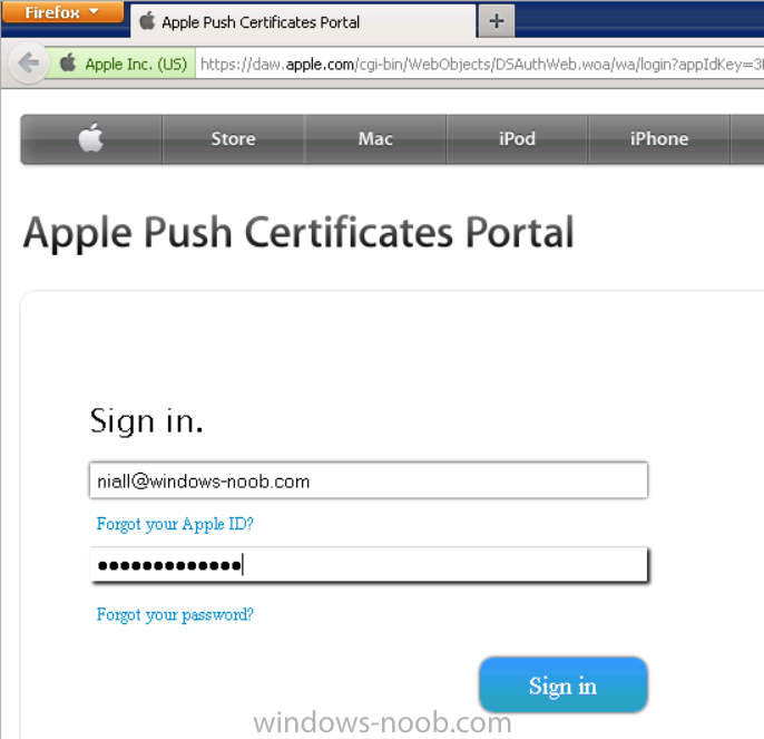 sign in with your Apple ID to the Apple Push Certificates Portal with FireFox.png