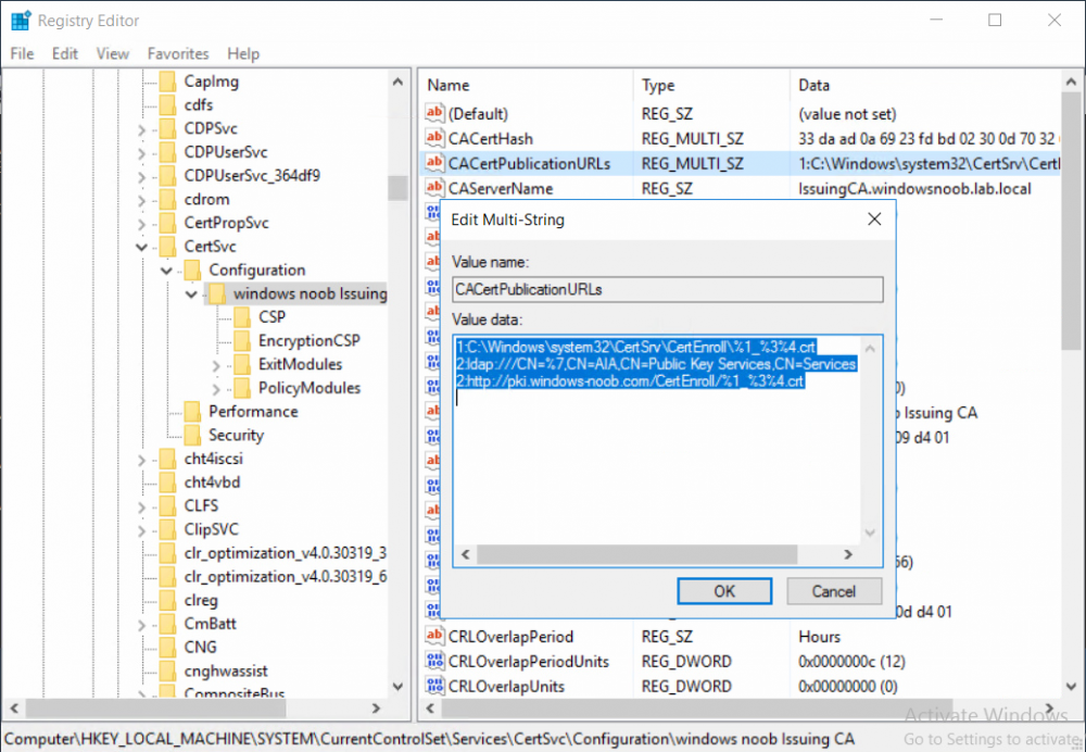 confrim certutil CACertPublicationURLS in registry.png